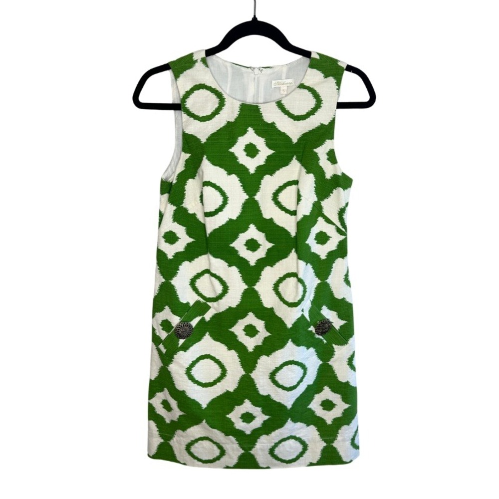 Shoshanna Mod Green White Ikat Geometric Shift Dress Size 6 Cotton Mini Pocket